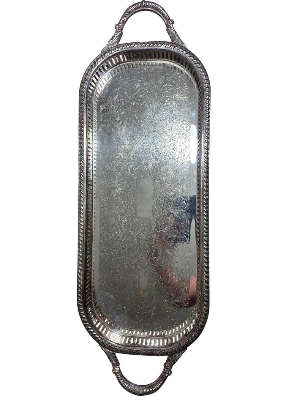 English Silver Silverplate Decorative Serving Tray with Handles